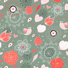 Seamless floral pattern with birds in love