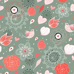 Printed kitchen splashbacks Birds, bees Seamless floral pattern with birds in love