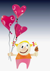 Comic girl with Valentine day ballons. Vector illustration.