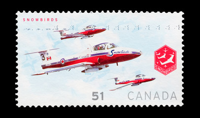 Canada mail stamp featuring the Snowbirds display jets