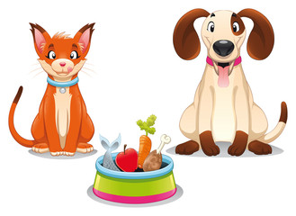 Cat and Dog with food.Vector scene, isolated objects.