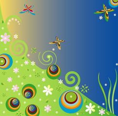 Spring background with flowers and butterflies, vector