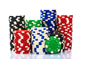 Stacks of poker chips  on a white background