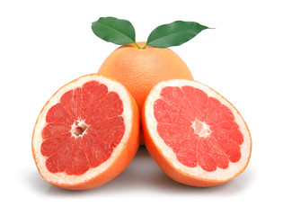 Grapefruit fruits with cuts and green leaf isolated