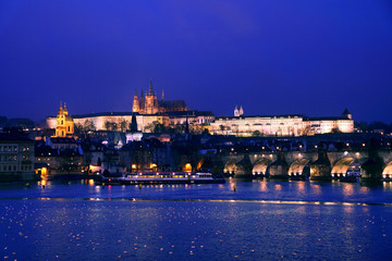 Prague Castle at night with Charles Bridge