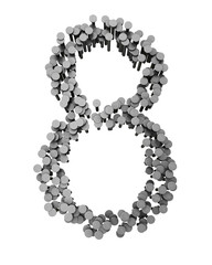 Alphabet made from hammered nails isolated, number 8