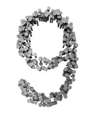 Alphabet made from hammered nails isolated, number 9