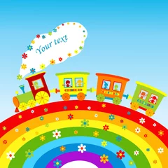 Zelfklevend Fotobehang Illustratie met cartoon trein, regenboog en plaats voor uw tekst © hibrida