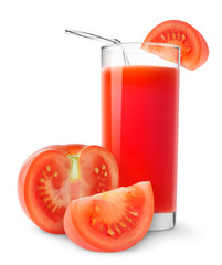 Isolated drink. Tomato juice and cut fresh tomatoes isolated on white background