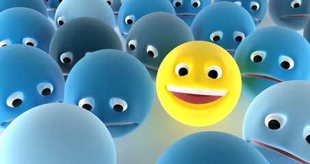 A smiling face among a crowd of sad faces