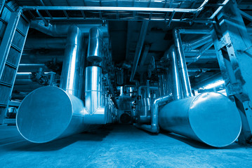 Industrial zone, Steel pipelines in blue tones
