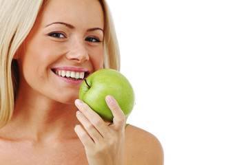 woman eat green apple