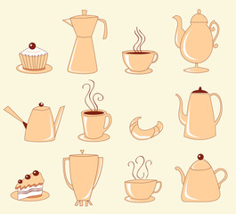 Collection of teapots, cups with coffee, cakes and croissants