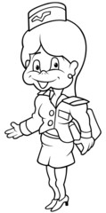 Air Hostess - Black and White Cartoon illustration