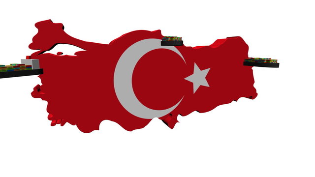 Turkey map flag with container ships departing animation