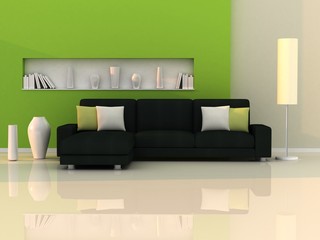 Interior of the modern room, green wall and black sofa