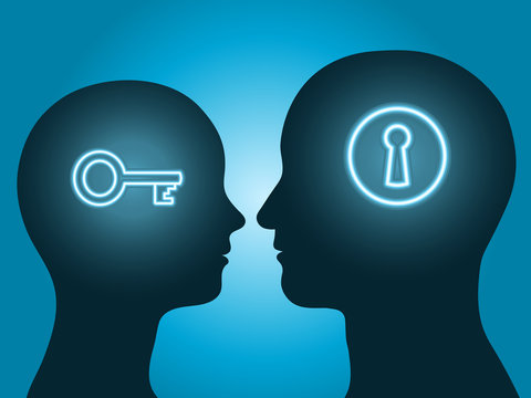 man and woman head silhouette with key and lock communicating