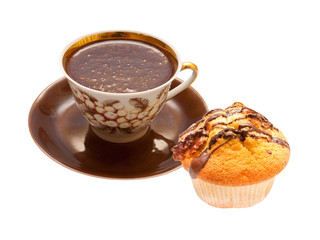 cup of hot chocolate and cake isolated on white background