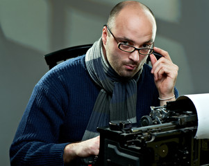 Portrait of a bald writer - obrazy, fototapety, plakaty