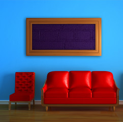 Red couch and chair with frame in blue minimalist interior