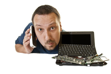 Man with destroyed computer contacts support