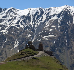 Gergeti Church and Caucasus Mountains. Stepantsminda. Georgia.