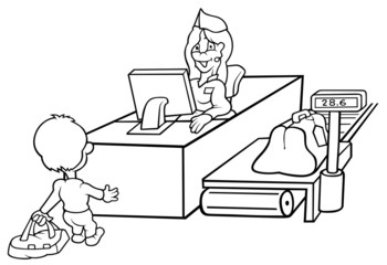 Baggage Check-In - Black and White Cartoon illustration