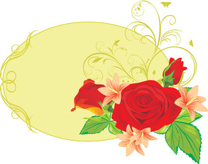Bouquet of roses and lilies in the decorative frame. Vector