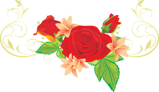 Bouquet of roses and lilies with ornament. Vector