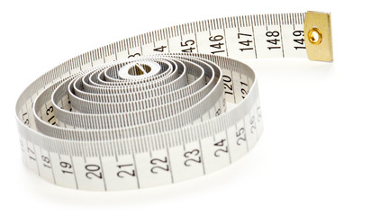 White measuring tape isolated on white background.