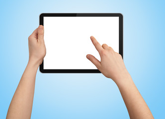 a male hand holding a touchpad pc