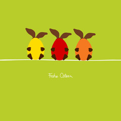 3 Osterhasen halten bunte Ostereier