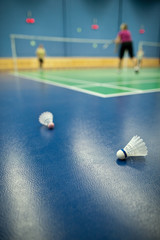 badminton - badminton courts with players competing; shuttlecock