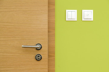 Central composition of wooden door and green wall