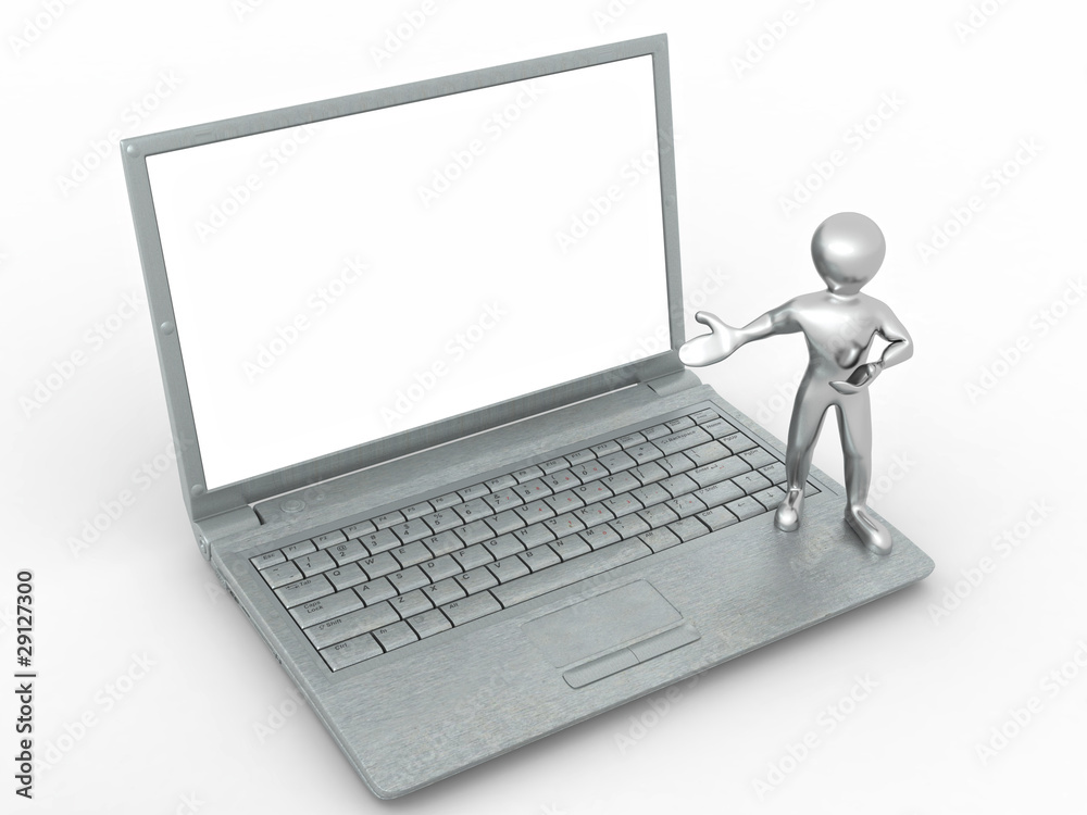 Poster man with laptop on white isolated background