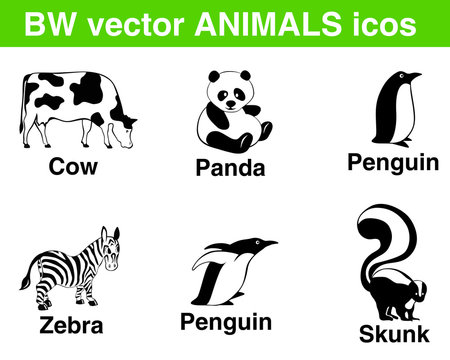 6 vector animals: panda, cow, penguins, zebra, skunk.