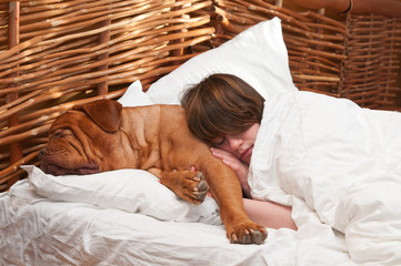 Young woman and her giant dog comfortably sleeping in the bed