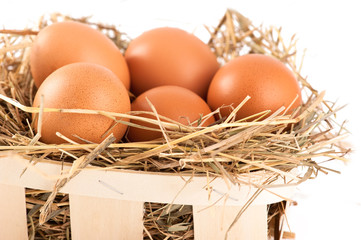Macro shoot of brown eggs in wooden basket at hay. Shallow depth
