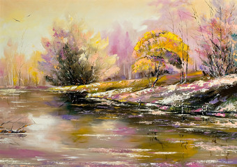 Autumn landscape with snow and the river