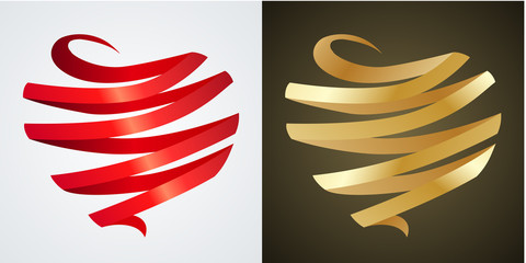 Two hearts made of silk red and gold ribbons