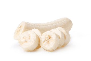 Freshly sliced bananas on a white background