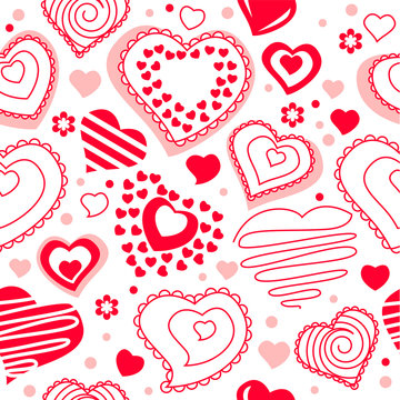 Seamless white background with different contour hearts