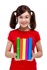 Girl holding books isolated on white background