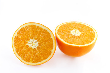 Ripe orange and its half . Isolated on a white
