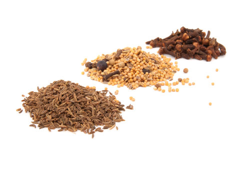 spices - cloves and caraway on white background