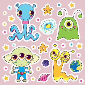 Four sweet cute child alien monsters with happy stars