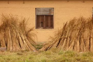Deurstickers straw on mud wall in nepalese farm © Stéphane Bidouze