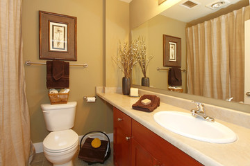 Green bathroom with curtain and art