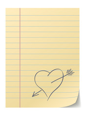 Blank lined page with hand drawn heart – love message.