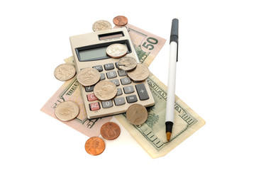 Fototapeta na wymiar Kalkulator z pieniędzy i monet
